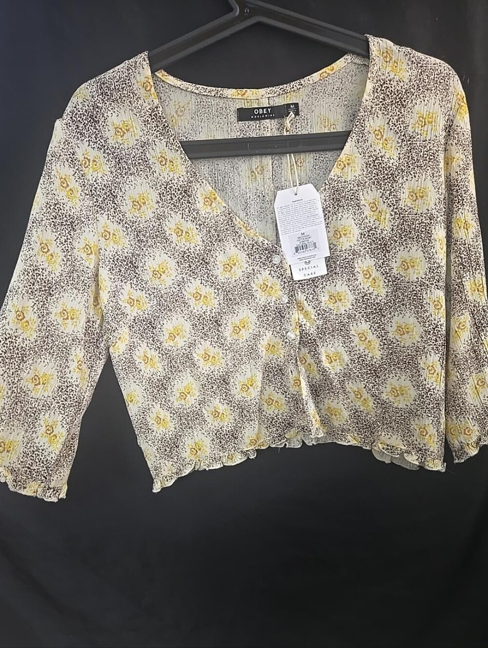 OBEY Hattie Shirt Medium NWT Floral Cropped Blouse Bell Sleeve